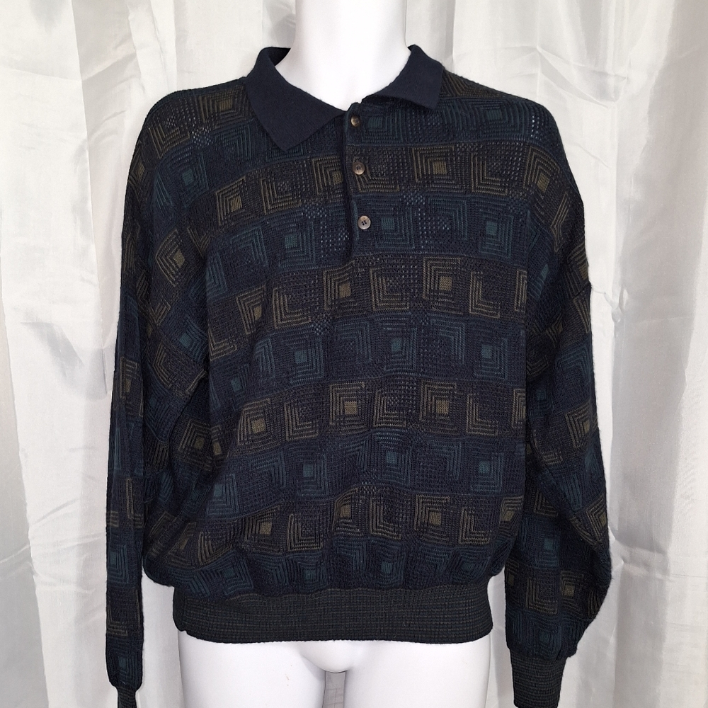 IDEA UOMO Pullover Polo 3 Bottons  Sweater Size L Navy Blue, Gold, Green